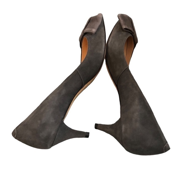 Talbots Suede Leather Pumps Sz. 7.5B Bow Toe Gray Pointy Toe Low Kitten Heel - Picture 5 of 8